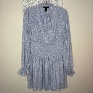 FOREVER 21 size Medium DRESS Button Front Neck Tie Long Sleeve Daisy Floral BLUE